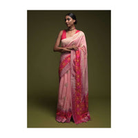 Salmon Pink Saree In Art-Loom Silk With Woven Patola Design On Fuchsia Border Online - Kalki Fashion