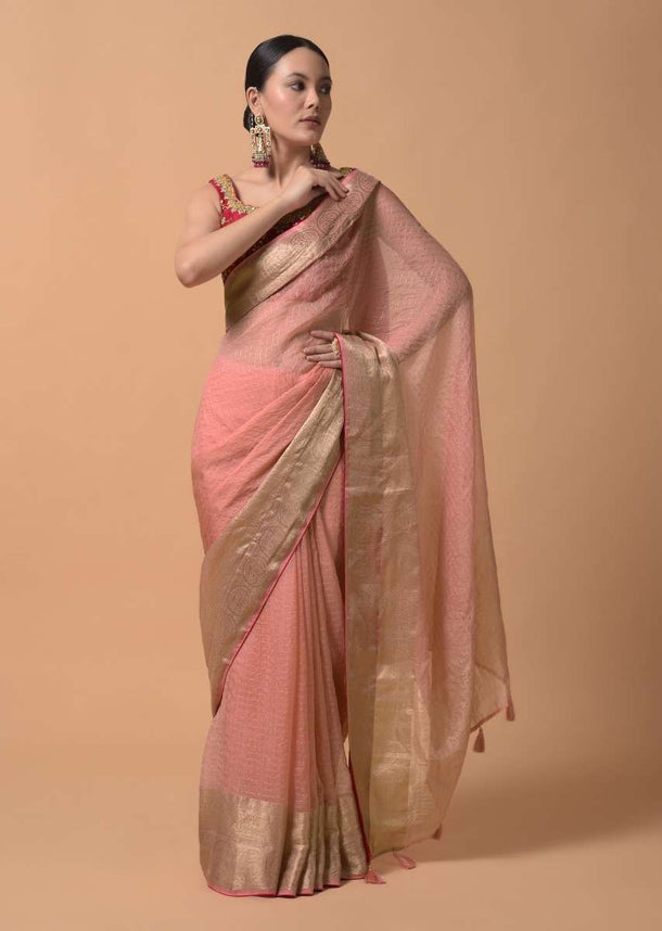 Salmon Pink Saree In Kota Silk With Woven Zari Checks And Rani Pink Gotta Patti Embroidered Blouse Online - Kalki Fashion