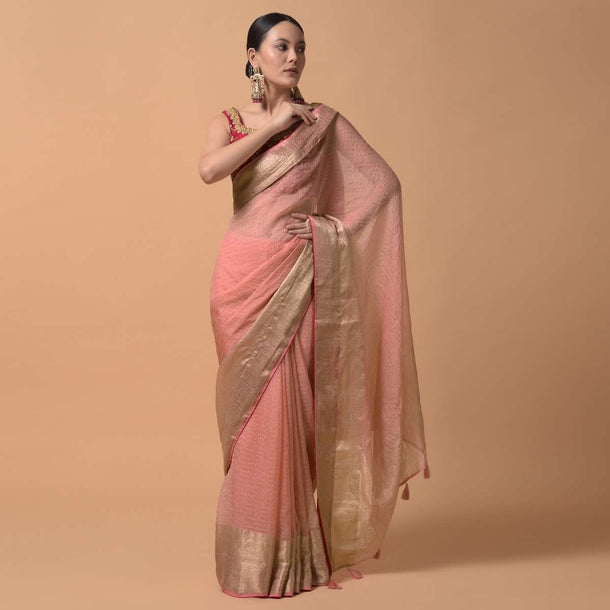 Salmon Pink Saree In Kota Silk With Woven Zari Checks And Rani Pink Gotta Patti Embroidered Blouse Online - Kalki Fashion