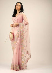 Salmon Pink Saree In Organza With Multi Colored Applique Flowers And Cut Dana Accents