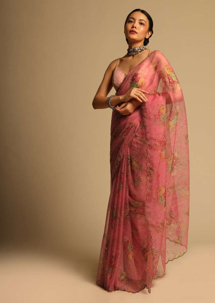 Salmon Red Saree In Organza With Floral Print All Over And Scalloped Resham Border Along With Unstitched Blouse