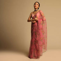 Salmon Red Saree In Organza With Floral Print All Over And Scalloped Resham Border Along With Unstitched Blouse