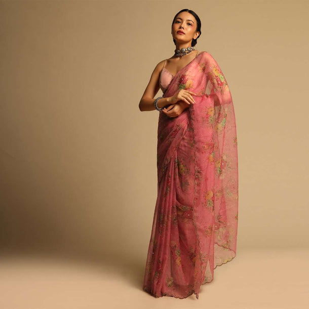 Salmon Red Saree In Organza With Floral Print All Over And Scalloped Resham Border Along With Unstitched Blouse