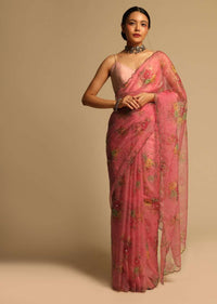 Salmon Red Saree In Organza With Floral Print All Over And Scalloped Resham Border Along With Unstitched Blouse