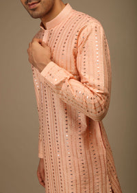 Salmon Peach Kurta Set In Silk With Resham And Sequins Abla Embroidered Striped Design