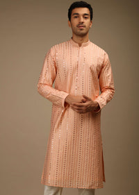 Salmon Peach Kurta Set In Silk With Resham And Sequins Abla Embroidered Striped Design