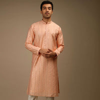 Salmon Peach Kurta Set In Silk With Resham And Sequins Abla Embroidered Striped Design