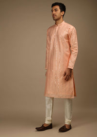 Salmon Peach Kurta Set In Silk With Resham And Sequins Abla Embroidered Striped Design