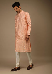 Salmon Peach Kurta Set In Silk With Resham And Sequins Abla Embroidered Striped Design