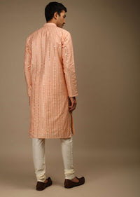 Salmon Peach Kurta Set In Silk With Resham And Sequins Abla Embroidered Striped Design