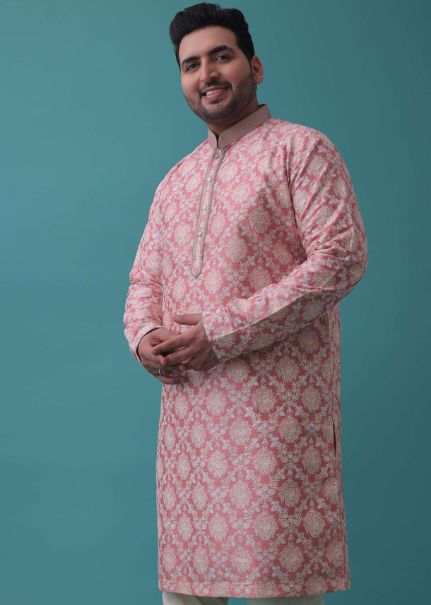 Salmon Pink Embroidered Kurta Set In Bangalore Silk