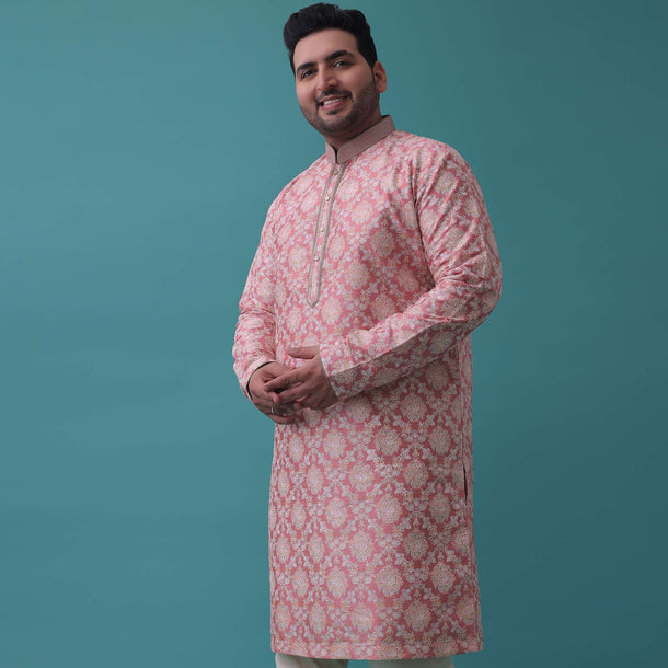 Salmon Pink Embroidered Kurta Set In Bangalore Silk