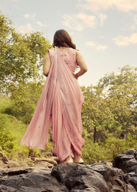 Salmon Pink Dhoti And Crop Top Suit With Multi Colored Beads Embroidery And Detachable Drape