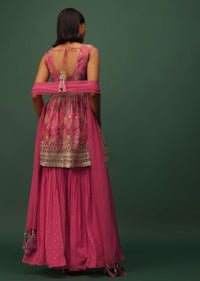 Salmon Pink Georgette Sharara And Peplum Top Set With Zari And Cutdana Embroidery