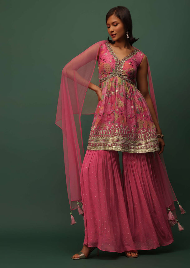 Salmon Pink Georgette Sharara And Peplum Top Set With Zari And Cutdana Embroidery