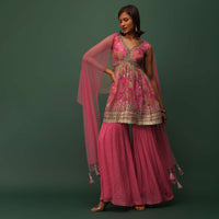 Salmon Pink Georgette Sharara And Peplum Top Set With Zari And Cutdana Embroidery