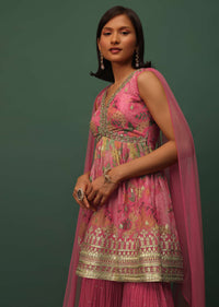 Salmon Pink Georgette Sharara And Peplum Top Set With Zari And Cutdana Embroidery