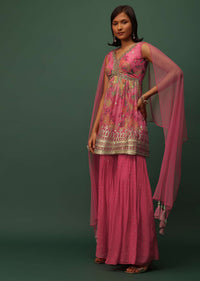 Salmon Pink Georgette Sharara And Peplum Top Set With Zari And Cutdana Embroidery