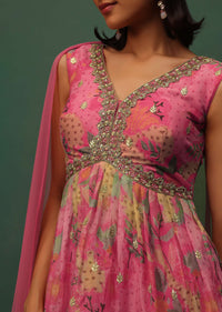 Salmon Pink Georgette Sharara And Peplum Top Set With Zari And Cutdana Embroidery