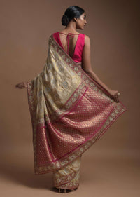 Sand Beige Banarasi Saree In Georgette With Golden And Silver Weaved Buttis And Weaved Magenta Border Online - Kalki Fashion