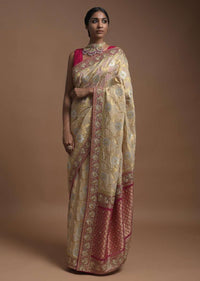 Sand Beige Banarasi Saree In Georgette With Golden And Silver Weaved Buttis And Weaved Magenta Border Online - Kalki Fashion