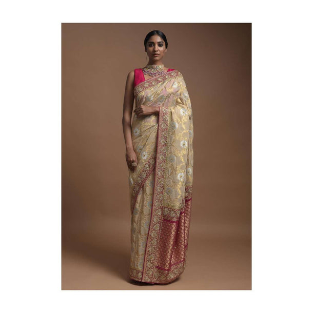 Sand Beige Banarasi Saree In Georgette With Golden And Silver Weaved Buttis And Weaved Magenta Border Online - Kalki Fashion