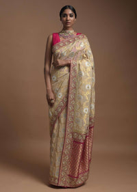 Sand Beige Banarasi Saree In Georgette With Golden And Silver Weaved Buttis And Weaved Magenta Border Online - Kalki Fashion