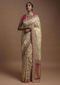 Sand Beige Banarasi Saree In Georgette With Golden And Silver Weaved Buttis And Weaved Magenta Border Online - Kalki Fashion