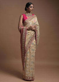 Sand Beige Banarasi Saree In Georgette With Golden And Silver Weaved Buttis And Weaved Magenta Border Online - Kalki Fashion