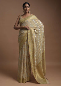 Sand Beige Banarasi Saree In Georgette With Golden And Silver Weaved Buttis Online - Kalki Fashion