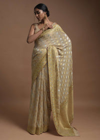 Sand Beige Banarasi Saree In Georgette With Golden And Silver Weaved Buttis Online - Kalki Fashion