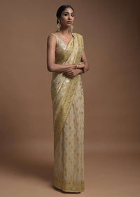 Sand Beige Banarasi Saree In Georgette With Golden And Silver Weaved Buttis Online - Kalki Fashion