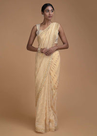 Sand Beige Banarasi Saree In Georgette With Weaved Diagonal Stripes  Online - Kalki Fashion