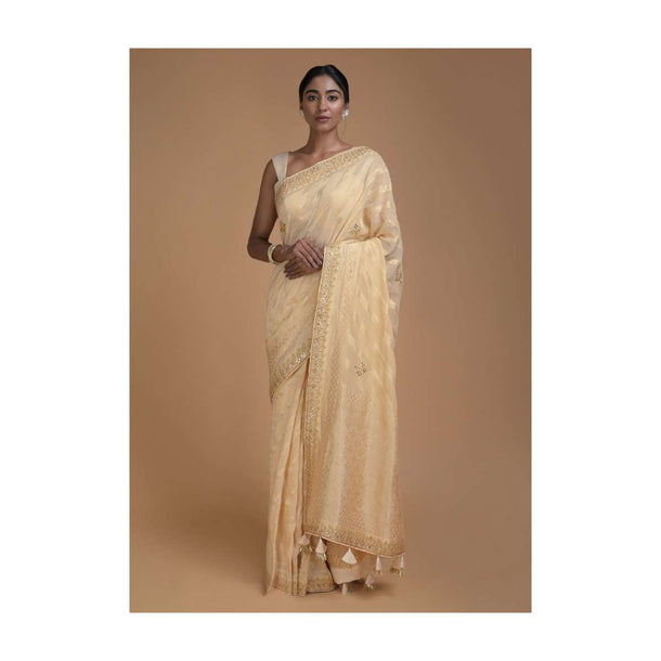 Sand Beige Banarasi Saree In Georgette With Weaved Diagonal Stripes  Online - Kalki Fashion