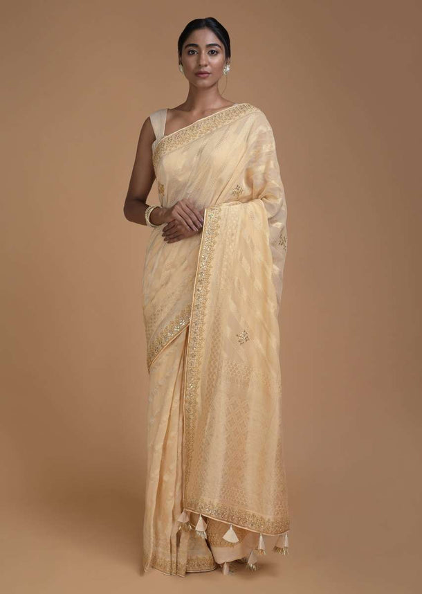 Sand Beige Banarasi Saree In Georgette With Weaved Diagonal Stripes  Online - Kalki Fashion