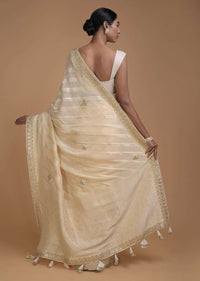 Sand Beige Banarasi Saree In Georgette With Weaved Diagonal Stripes  Online - Kalki Fashion