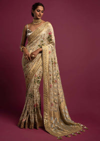 Sand Beige Banarasi Saree In Georgette With Weaved Floral Jaal All Over