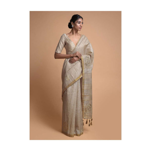 Sand Beige Half And Half Saree In Tussar Silk With Striped Pattern And Gotta Embroidered Motifs Online - Kalki Fashion