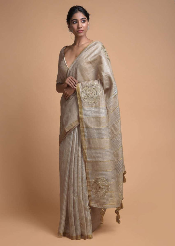 Sand Beige Half And Half Saree In Tussar Silk With Striped Pattern And Gotta Embroidered Motifs Online - Kalki Fashion