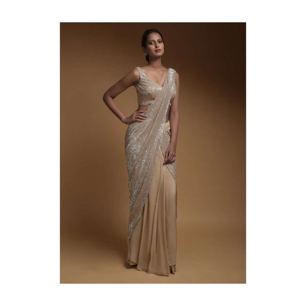 Sand Beige Ready Pleated Saree In Crepe With An Attached Pallu Embellished In Sequins And Ruffle Hem Online - Kalki Fashion