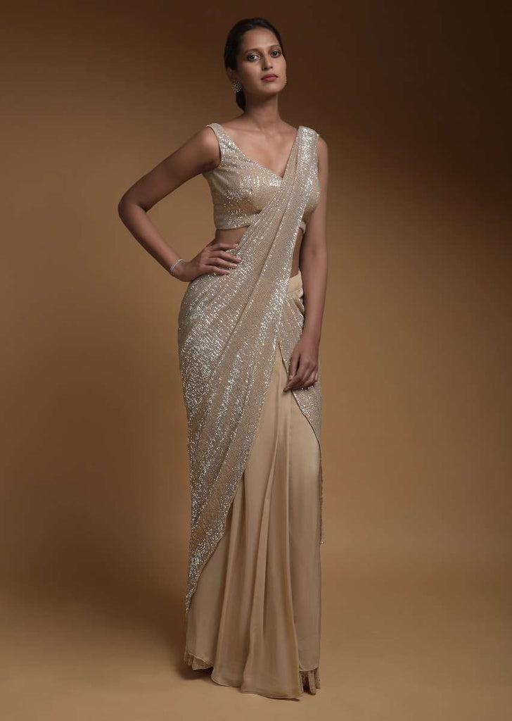 Sand Beige Ready Pleated Saree In Crepe With An Attached Pallu Embellished In Sequins And Ruffle Hem Online - Kalki Fashion