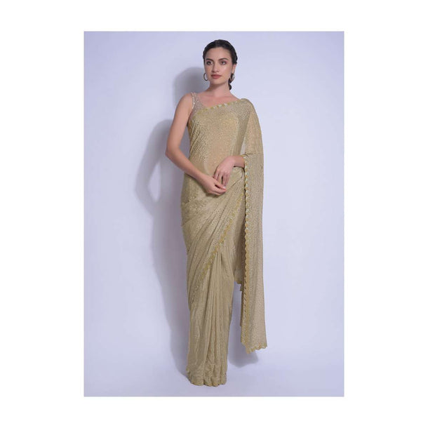 Sand Beige Saree In Chiffon With Cut Dana And Kundan Work Online - Kalki Fashion