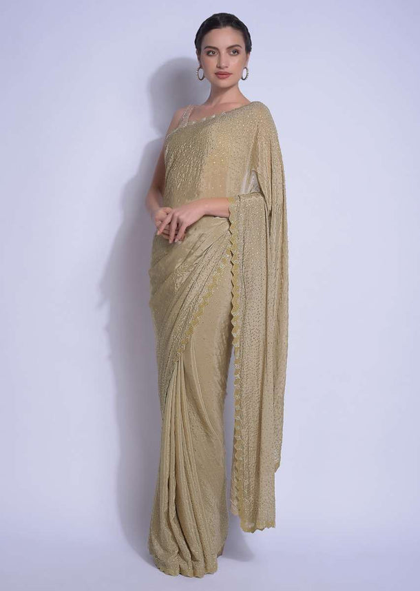 Sand Beige Saree In Chiffon With Cut Dana And Kundan Work Online - Kalki Fashion