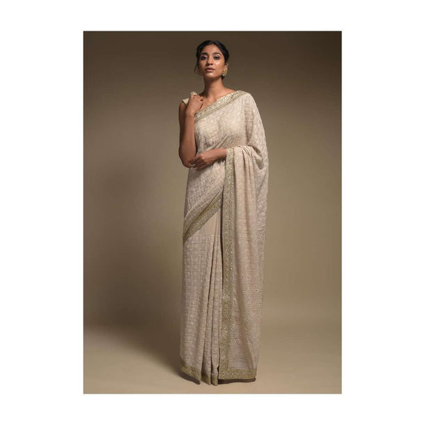 Sand Beige Saree In Georgette With Lucknowi Thread Work In Mesh Pattern With Floral Buttis Online - Kalki Fashion