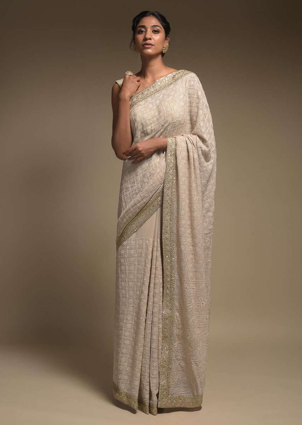 Sand Beige Saree In Georgette With Lucknowi Thread Work In Mesh Pattern With Floral Buttis Online - Kalki Fashion