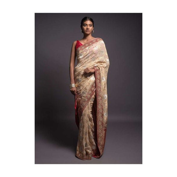 Sand Beige Saree In Georgette With Weaved Floral Jaal And Red Pallu And Border Online - Kalki Fashion