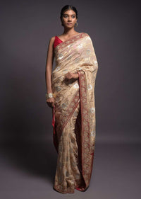 Sand Beige Saree In Georgette With Weaved Floral Jaal And Red Pallu And Border Online - Kalki Fashion