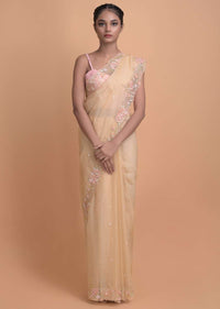 Sand Beige Saree In Organza Fabric With Floral Embroidered Border Online - Kalki Fashion