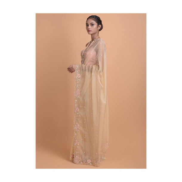 Sand Beige Saree In Organza Fabric With Floral Embroidered Border Online - Kalki Fashion