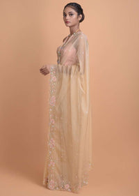 Sand Beige Saree In Organza Fabric With Floral Embroidered Border Online - Kalki Fashion